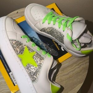 White and Green Sneakers with Silver Glitter